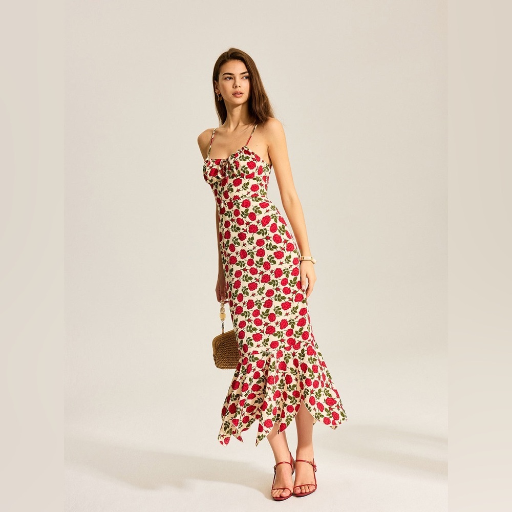 Floral Print Maxi Dress bustier milkmaid red white dress L cc23-12 Last One! - Picture 3 of 6